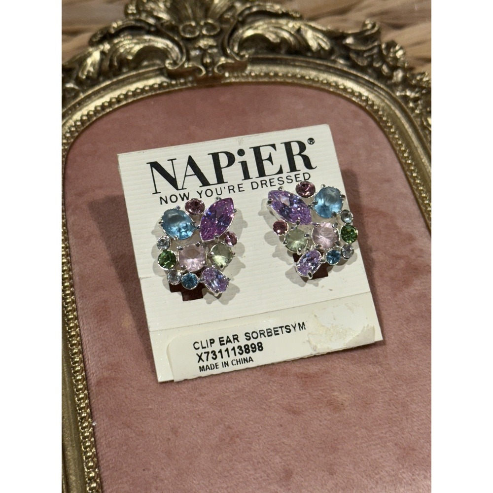 New Vintage Napier  Signed Jewel Tone Rhinestone Silver‎ Tone Clip On Earrings